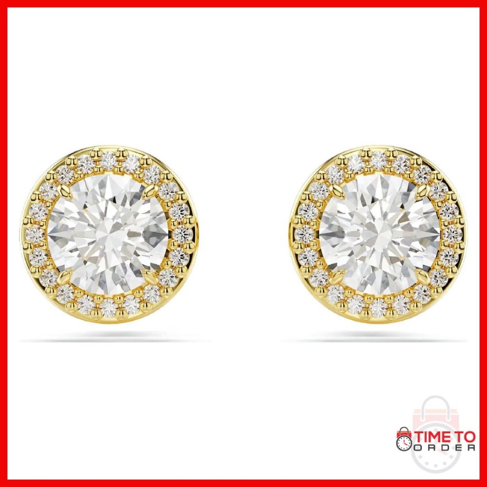 Gold Tone Crystal Stud Earrings, Halo Setting, 3/8 Inch